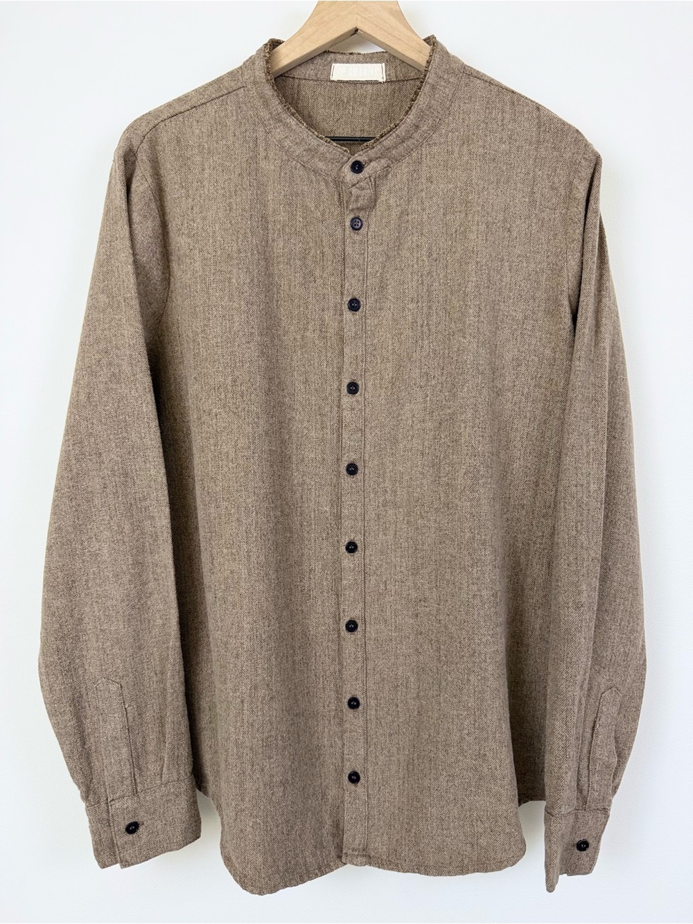 CP Shades Men’s L Cotton Band Collar Shirt Brown Taupe Made in USA